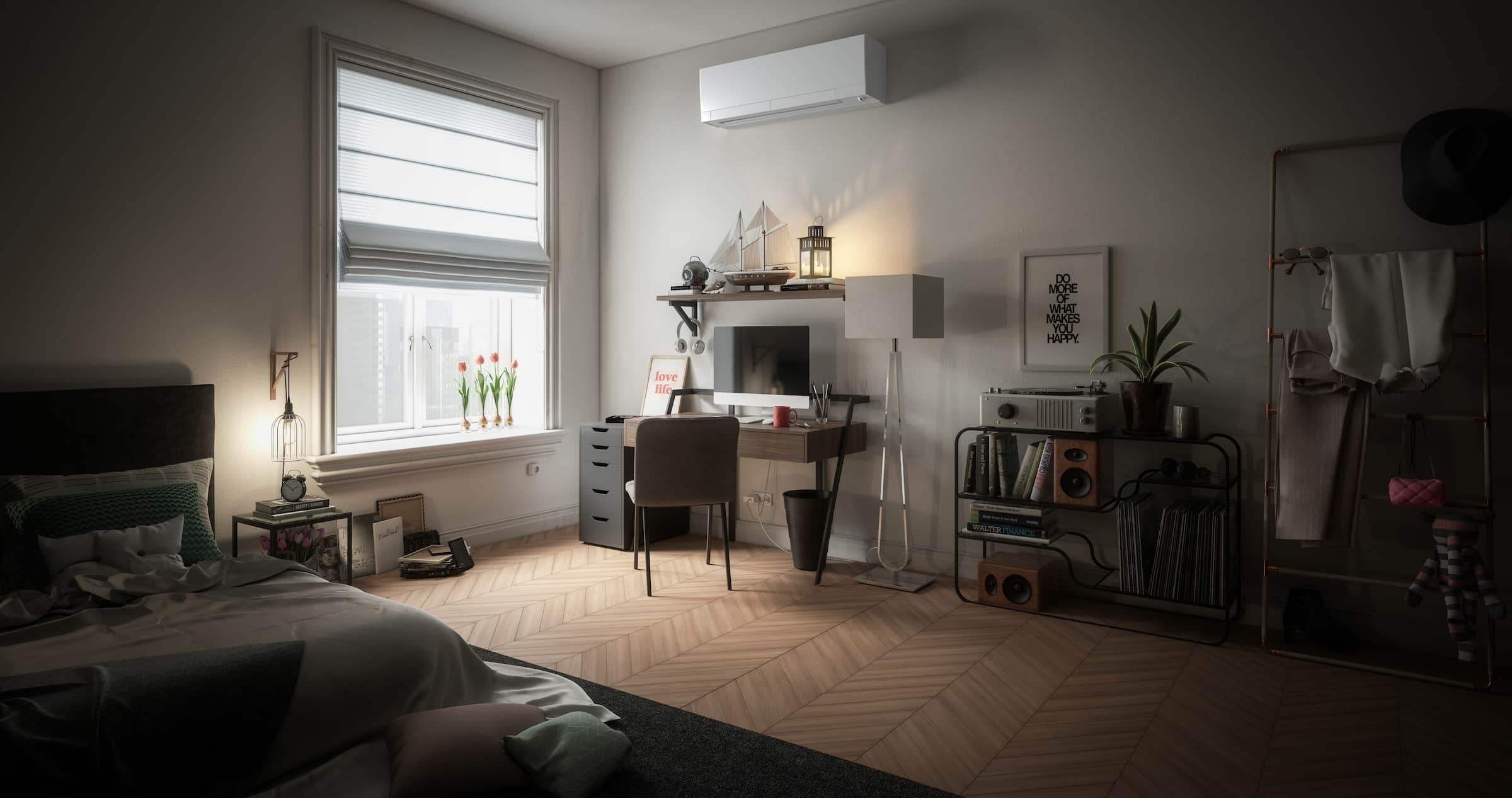 Office room in a house with a ductless heat pump installed